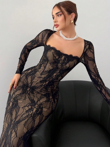 Vestito Lungo In Pizzo Con Scollo Quadrato Maniche Lunghe Aderente Con Spacco Festa Di Gala Formale Stile Corsetto Elegante