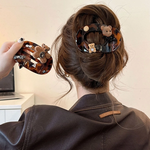 Molletta Per Capelli In Acrilico Tartarugato Retrò Con Orsetto Floccato E Fiocco Di Strass Clip Vintage Per Donna
