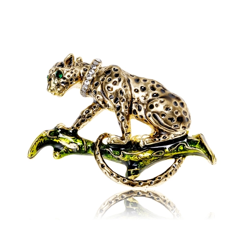 Vintage Zinc Alloy Leopard Climbing Branch Brooch For Unisex Green Enamel Panther Pin Rhinestone Animal Jewelry For Party