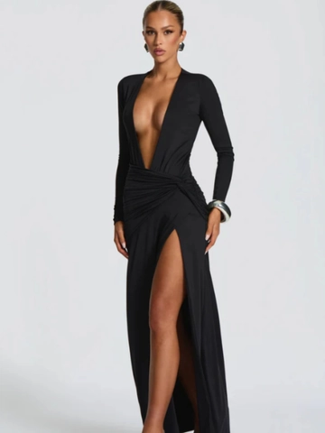 Vestito Maxi A Tinta Unita Con Scollo A V Profondo E Maniche Lunghe Vita Arricciata Spacco Alto Sexy Elegante Donna
