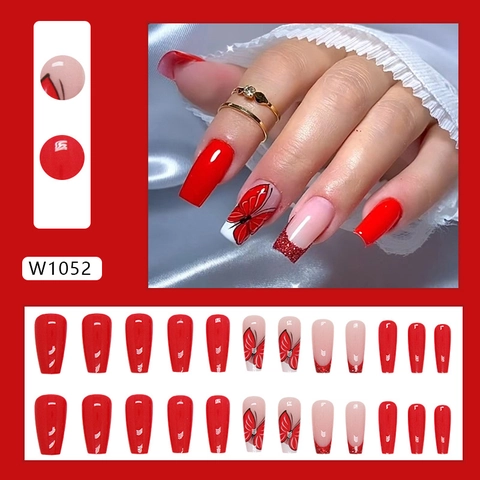 Ongles À Presser Rouge Bordeaux Paillettes French Tip Motif Papillon Forme Cercueil Ballet Faux Ongles Pour Femmes