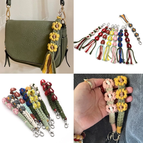 Handgefertigte Gewebte Blume Schlüsselanhänger Handgelenkschlaufe Für Damen Boho Baumwolle Geflochtene Tasche Charme Blumen Anhänger