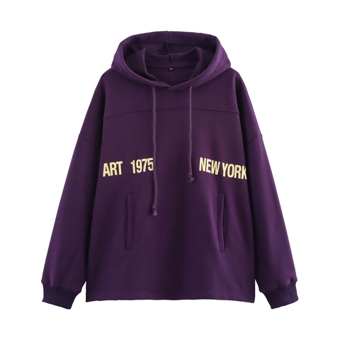 Hoodie Vintage Femme Imprimé Lettres Manches Longues Mélange Coton Pullover Ample Oversized Streetwear Rétro Violet