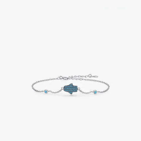 Hamsa Hand Armband 925 Sterlingsilber Türkis Blauer Stein Böhmisch Retro Verstellbare Kette Schmuck Für Damen