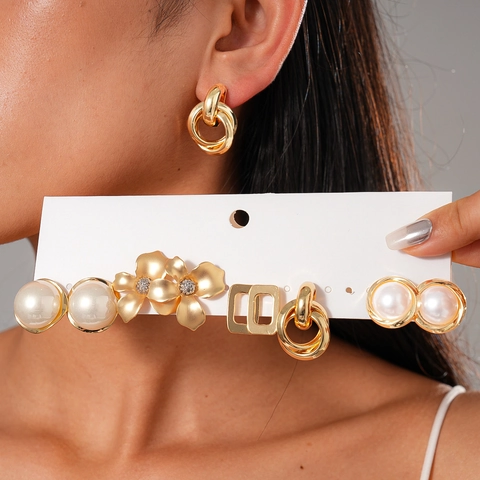 Collectie Gelegeerde Imitatie Kunstparel Oorbellen Met Zilveren Oorsteker Elegante Bloem Geometrische Ringen Voor Dames