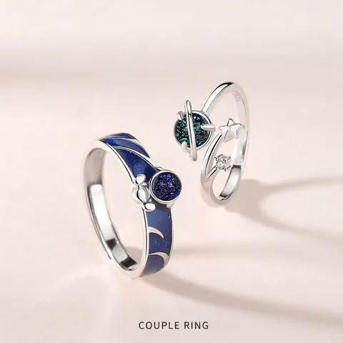 S925 Argento Sterling Astronauta Pianeta Anello di Coppia Regolabile Smalto Blu Galassia Stella Universo Regalo Gioielli