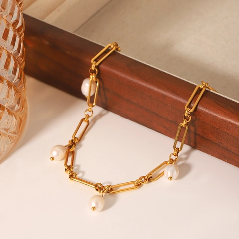Stainless Steel Artificial Pearl Bracelet 18K Gold Plated OT Clasp French Retro Minimalist Elegant Jewelry Women
