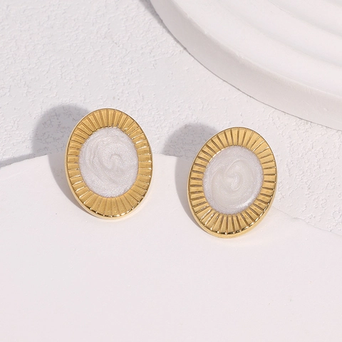 Boucles D'oreilles Puces En Acier Inoxydable Émail Ovale Plaqué Or 18K Rétro Luxe Bijoux Pour Femmes