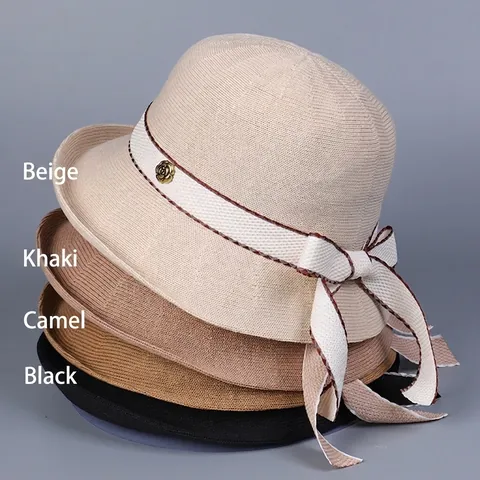 Chapeau Bob En Tricot Femme Mélange Coton Polyester Respirant Protection Solaire Avec Ruban Noeud Rose Métallique Style Rétro