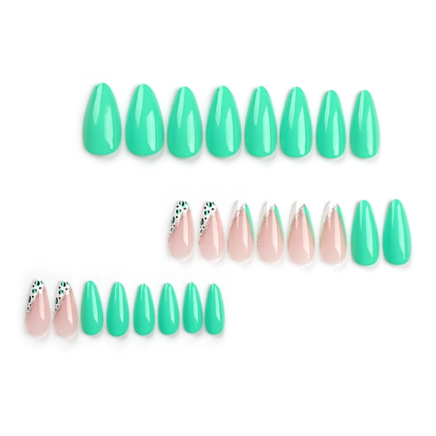 Amandel Press On Nagels Lang Mintgroen Luipaardpatroon Frans Ontwerp Met Gouden Glitters Glanzende Hars Kunstnagels Voor Vrouwen
