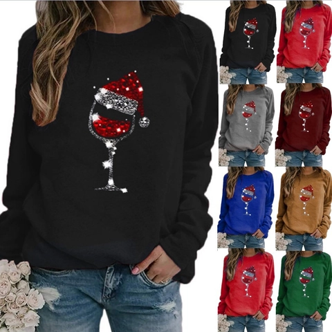 Women Christmas Wine Glass Print Long Sleeve T-Shirt Casual Round Neck Polyester Loose Top Autumn Winter Holiday Clothing
