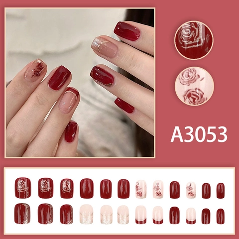 Press On Nails Square Wine Red Nude Pink Rose Pattern Gold Glitter French Tip False Nails For Women Elegant Manicure