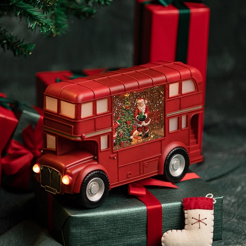 Vintage Roter Londoner Bus Schneekugel Laterne LED Leuchtend Musikalisch Tischdekoration Weihnachten Weihnachtsmann Kunststoff