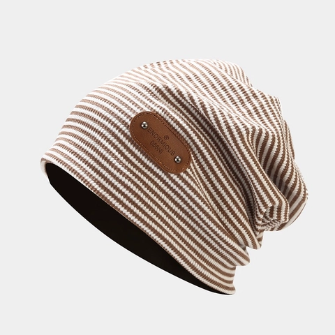 Slouchy Beanie Hat Striped Knit Cotton Blend With Leather Patch Rivets Casual Retro Streetwear For Men Women