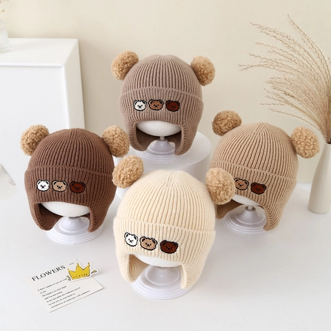 Baby Winter Knitted Ear Protection Hat Warm Windproof Bear Embroidery Dual Pom Poms Infant Toddler Beanie