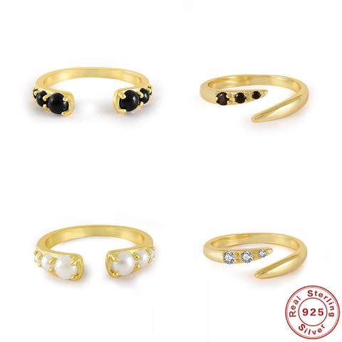 Anillo Abierto Geométrico De Plata De Ley 925 Bañado En Oro De 18K Perla Artificial Circón Joyería Minimalista Ajustable