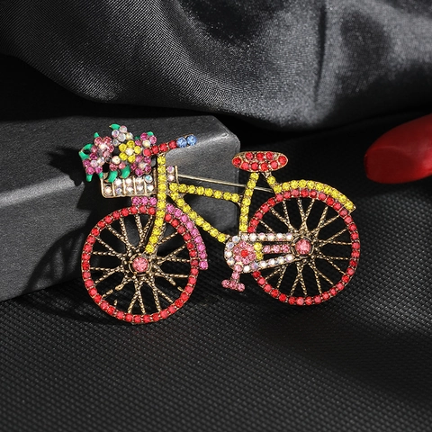 Vintage Bicycle Brooch Pin Alloy Colorful Rhinestone Inlay Retro Style Fashion Suit Accessory For Women Men