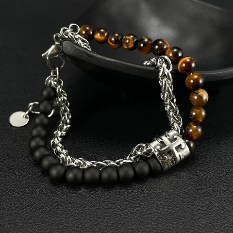 Herren Doppellagiges Armband Edelstahl Panzerkette Tigerauge Matt Schwarz Onyx Perlen Kreuz Anhänger Mode