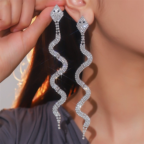 Rhinestone Snake Long Tassel Drop Earrings Copper Alloy Sparkling Statement Jewelry For Women Wedding Party Fashion