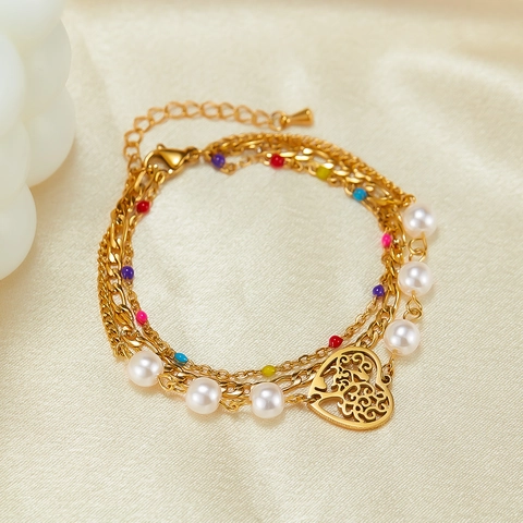 Bracciale Multistrato Acciaio Inossidabile Perla Artificial Perline Colorate Cuore Cavo Albero Della Vita Gioielli Placcati Oro Per Donna