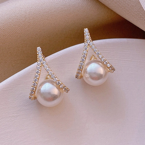 Orecchini Lobo Perla Artificial Triangolo Geometrico Con Strass Lega Placcata Oro 925 Argento Sterling Perno Orecchino Francese Elegante