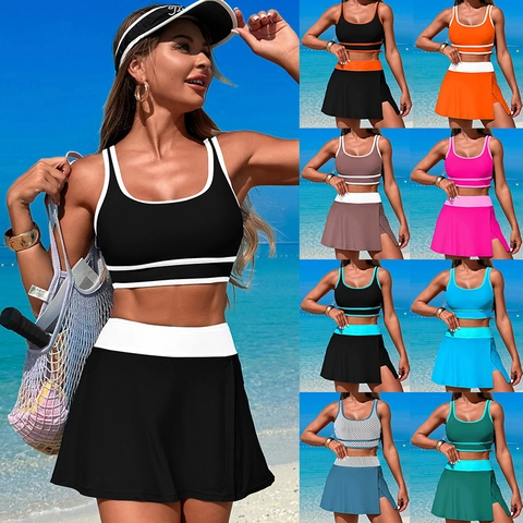 Sportlicher Tankini Badeanzug Für Damen Tanktop Und Rock Mit Hoher Taille Kontrastpaspeln Schnelltrocknendes Nylon