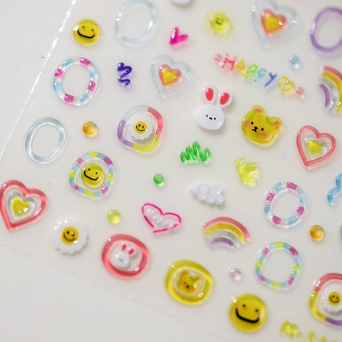 3D Embossed Nail Art Stickers Colorful Cartoon Smile Rabbit Heart Rainbow Self Adhesive PET Manicure Decoration Cute