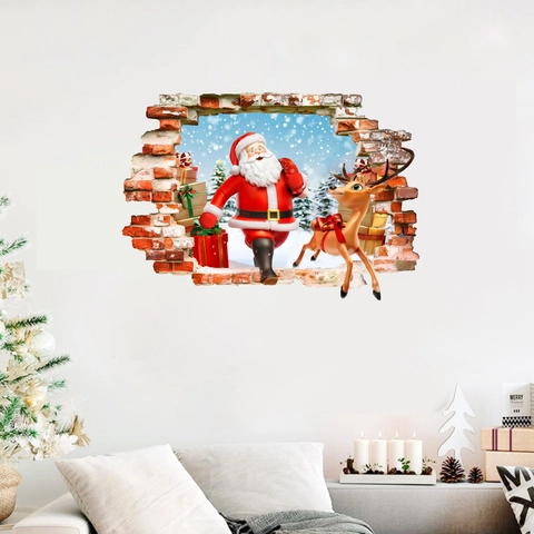 3D Broken Wall Christmas Sticker Santa Claus Reindeer PVC Holiday Home Decoration Wall Decal Mural