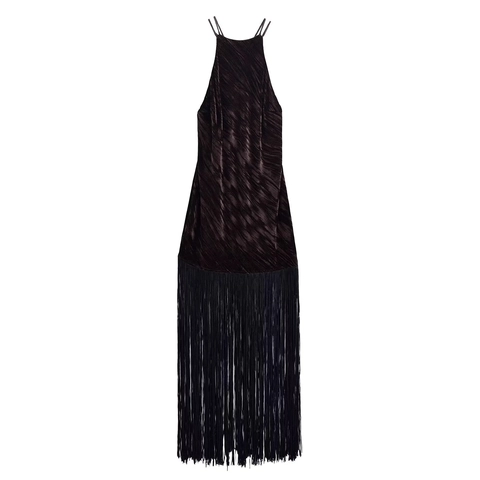 Halter Neck Maxi Dress Velvet Tassel Long Fringe Backless Cross Straps Elegant Sexy For Women