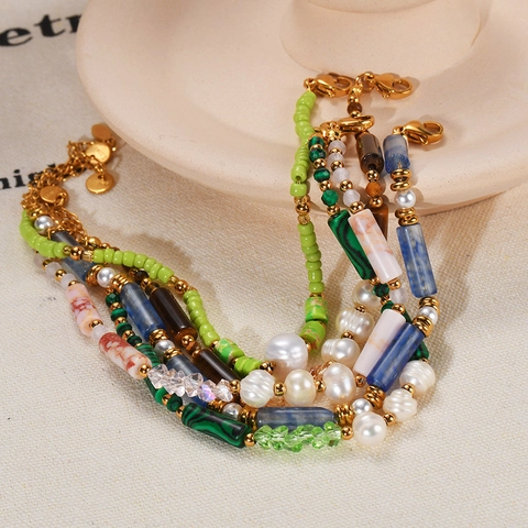 Pulsera de Cuentas Hecha a Mano de Perlas de Agua Dulce y Piedra Natural Acero Inoxidable Joyería Vintage Para Mujer