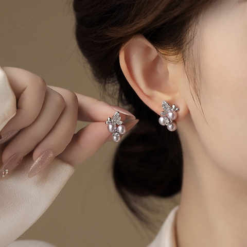 Pendientes De Flores Con Perlas Artificiales Estrás Hoja Joyería Aleación Elegante Moda Para Mujeres Poste De Plata