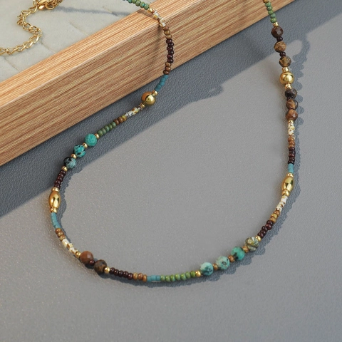 Bohemian Beaded Necklace With Natural Stone African Turquoise Seed Beads Handmade Vintage Colorful Clavicle Chain For Women