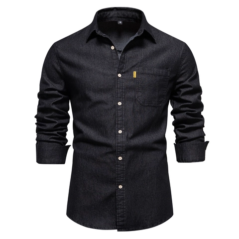 Camicia In Denim Da Uomo Maniche Lunghe Cotone Tinta Unita Slim Fit Casual Risvolto Button Down Moda Versatile