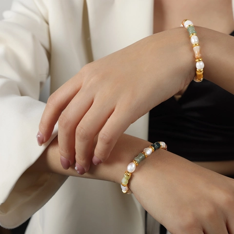 Natural Freshwater Pearl Natural Stone Beaded Bracelet With Titanium Steel Spacers Bohemian Elastic Jewelry For Women