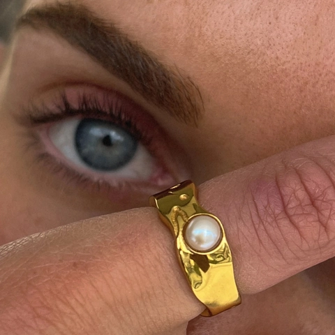 18K Gold Plated Stainless Steel Artificial Pearl Ring Irregular Lava Texture Hammered Wide Band INS Style For Women