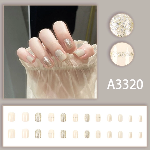 Press On Nails Short Square Artificial Fingernails Creamy White Gradient Glitter Gold Line Glossy Manicure For Women