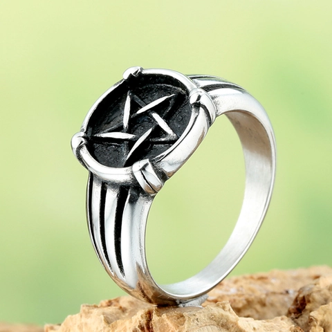 Anello Pentacolo Da Uomo Vintage Acciaio Inossidabile Colore Argento Antico Nero Ossidato Punk Gothic Hip Hop Gioielli