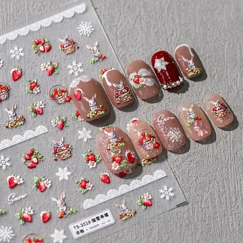 3D Embossed Nail Art Stickers Cartoon Rabbit Strawberry Snowflake Relief Self Adhesive Manicure Decals Winter Theme