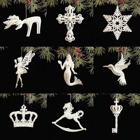 Christmas Tree Hanging Ornaments Vintage White Gold Glitter Reindeer Snowflake Cross Angel Mermaid Key Retro Holiday Decor