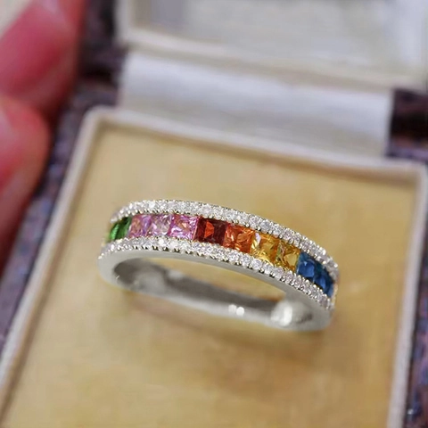 Rainbow Eternity Ring Colorful Square Cubic Zirconia Copper Band Luxury Fashion Elegant Finger Jewelry For Women