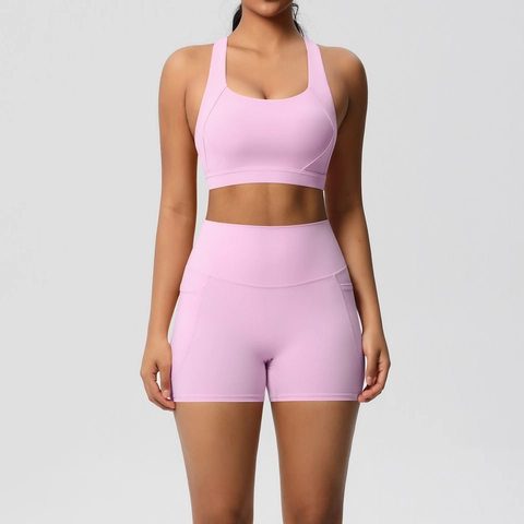 Women High Impact Yoga Sportswear Cloud Feel Seamless Sports Bra Criss Cross Back Top And Pocket Shorts Workout Activewear