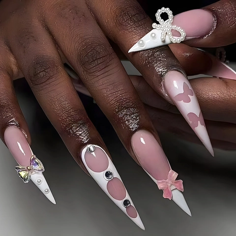 Uñas Postizas Largas Stiletto Rosa French Lazo Perla Artificial Diamante De Imitación 3D Mariposa Moda Dulce Uñas