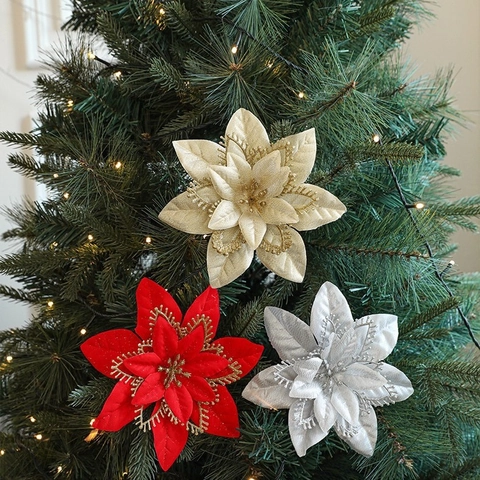 Künstliche Weihnachtsblumen Poinsettia Glitzer Pulver Stoff Kunststoff Ornamente Für Weihnachtsbaum Dekor DIY Festlich