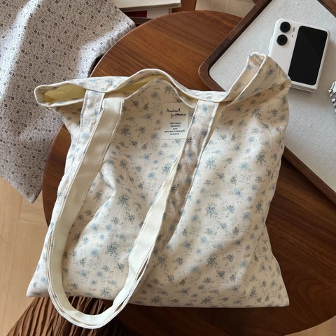 Bolso Tote De Lona De Algodón Floral Lazo Gran Capacidad Simple Casual Bolso De Mano Hombro Para Mujer