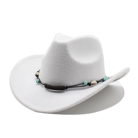 Western Cowboy Hat Wool Felt Wide Brim With Shell Turquoise Bead Ethnic Style For Men Women Unisex Retro Outdoor