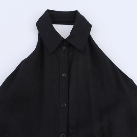 Halterneck Maxi Dress Linen Single Breasted Backless Sleeveless High Waist A-Line Elegant Casual Solid Black For Women