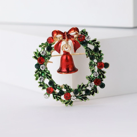 Broche Couronne De Noel Alliage Emaille Avec Noeud Rouge Et Cloche Strass Bijoux De Fete Pour Costumes