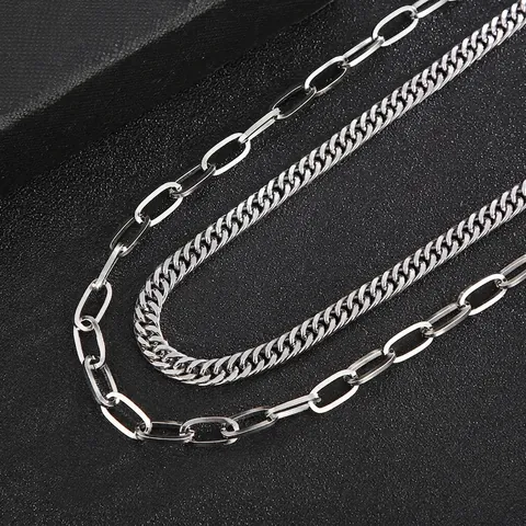 Double Layered Necklace Stainless Steel Curb And Paperclip Chain Silver Color Minimalist Punk Streetwear Unisex