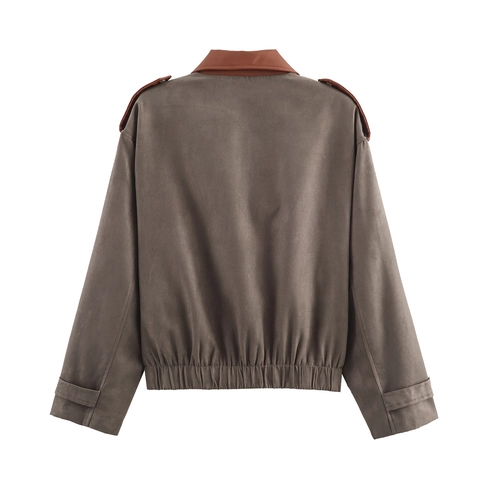 Women Suede Patchwork Jacket Color Block PU Leather Collar Zip Up Casual Streetwear Bomber Outwear Fashion