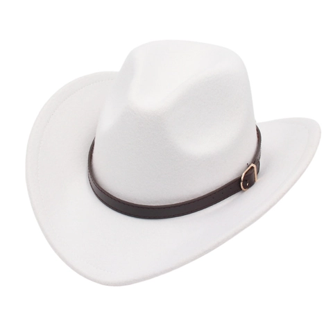 Western Cowboy Hat Wool Felt Style Wide Curved Brim With Leather Belt Metal Buckle Retro Fedora Jazz Style For Men Women